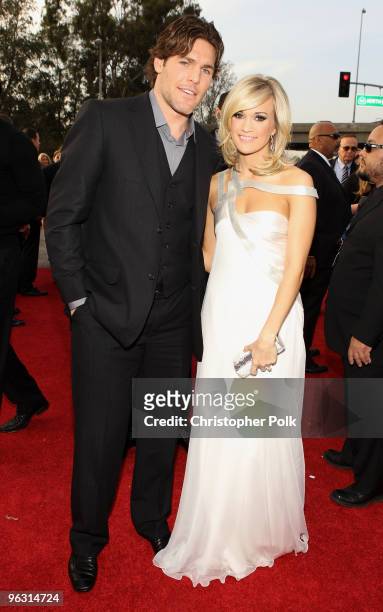 Singer Carrie Underwood and hockey player Mike Fisher arrive at the 52nd Annual GRAMMY Awards held at Staples Center on January 31, 2010 in Los...