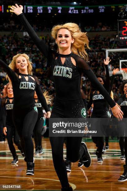 Boston Celtics dancers perform during Game Seven of the Eastern Conference Finals of the 2018 NBA Playoffs between the Cleveland Cavaliers and Boston...