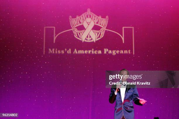 Carson Kressley takes the stage as emcee as he attends the 2010 Miss'd America Pageant at Boardwalk Hall Arena on January 31, 2010 in Atlantic City,...