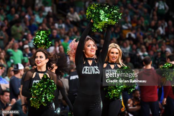 Boston Celtics dancers perform during Game Seven of the Eastern Conference Finals of the 2018 NBA Playoffs between the Cleveland Cavaliers and Boston...