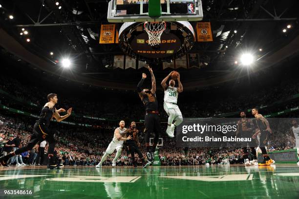 Marcus Smart of the Boston Celtics glides to the basket against the Cleveland Cavaliers during Game Seven of the Eastern Conference Finals of the...