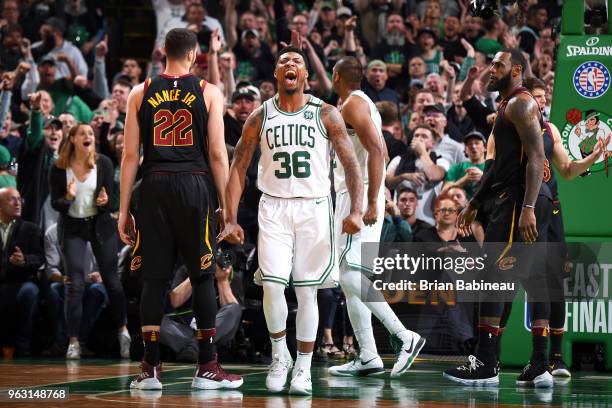 Marcus Smart of the Boston Celtics reacts during Game Seven of the Eastern Conference Finals of the 2018 NBA Playoffs between the Cleveland Cavaliers...
