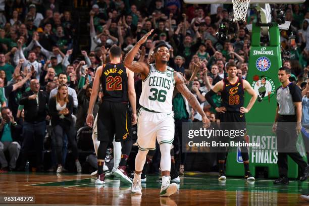 Marcus Smart of the Boston Celtics reacts during Game Seven of the Eastern Conference Finals of the 2018 NBA Playoffs between the Cleveland Cavaliers...