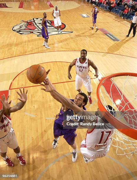 Garrett Temple of the Rio Grande Valley Vipers blocks the shot of Keith Clark of the Los Angeles D-Fenders during the NBA D-League game on January...