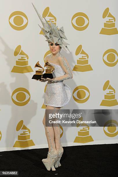 Singer Lady Gaga poses in the press room during the 52nd Annual GRAMMY Awards held at Staples Center on January 31, 2010 in Los Angeles, California.