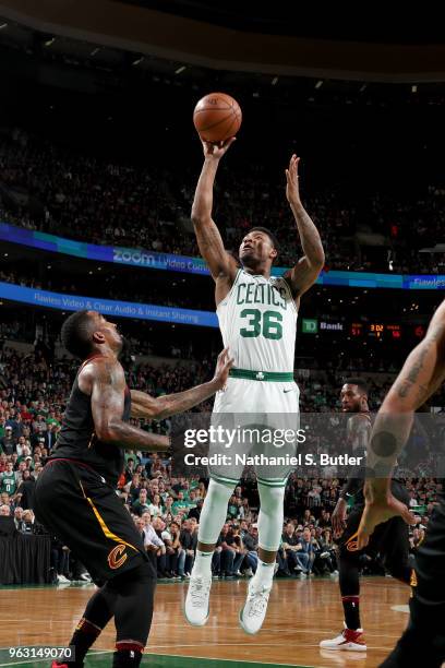 Marcus Smart of the Boston Celtics shoots the ball against the Cleveland Cavaliers during Game Seven of the Eastern Conference Finals of the 2018 NBA...