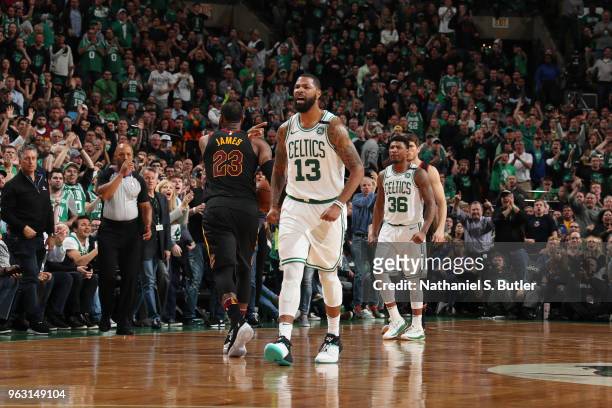 Marcus Morris of the Boston Celtics reacts during the game against the Cleveland Cavaliers during Game Seven of the Eastern Conference Finals of the...