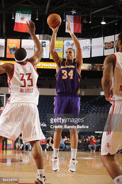 Diamon Simpson of the Los Angeles D-Fenders puts up a shot over Michael Harris of the Rio Grande Valley Vipers during the NBA D-League game on...