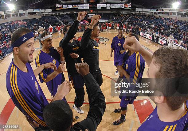The Los Angeles D-Fenders huddle prior to the start of their NBA D-League game against the Rio Grande Valley Vipers on January 31, 2010 at the Dodge...
