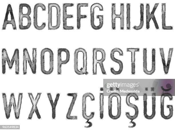 watercolor alphabet grunge text vector illustration - alphabet calligraphy fonts stock illustrations