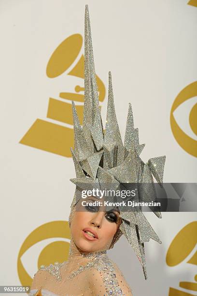 Singer Lady Gaga poses in the press room during the 52nd Annual GRAMMY Awards held at Staples Center on January 31, 2010 in Los Angeles, California.