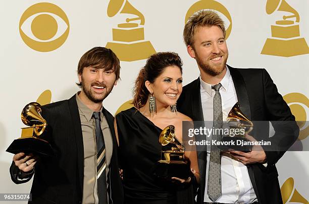 Musicians Dave Haywood, Hillary Scott and Charles Kelley of Lady Antebellum poses with Best Country Performance By A Duo Or Group With Vocals award...