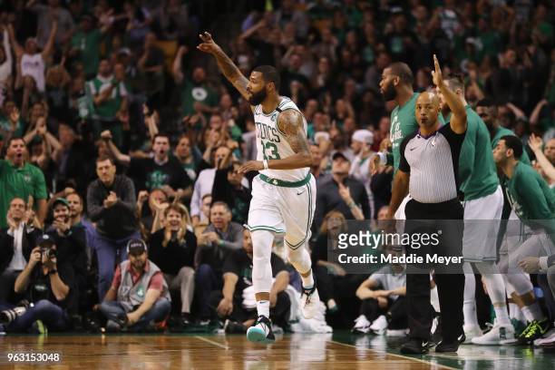 Marcus Morris of the Boston Celtics reacts in the first half against the Cleveland Cavaliers during Game Seven of the 2018 NBA Eastern Conference...