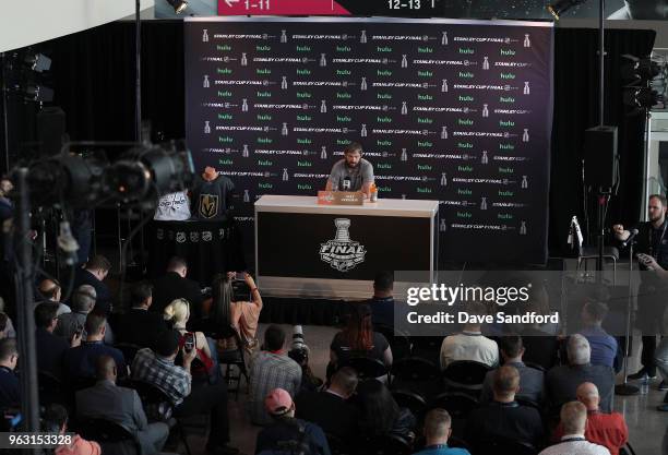 Alex Ovechkin of the Washington Capitals speaks to the media during Media Day for the 2018 NHL Stanley Cup Final at T-Mobile Arena on May 27, 2018 in...