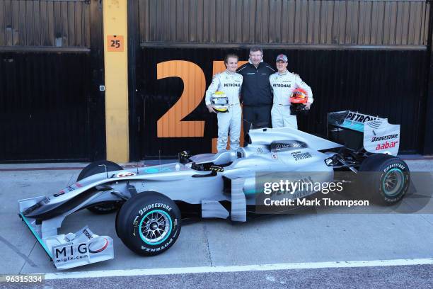 Michael Schumacher of Germany and Mercedes GP and Nico Rosberg of Germany and Mercedes GP attend the roll out of the new Mercedes W01 with Mercedes...