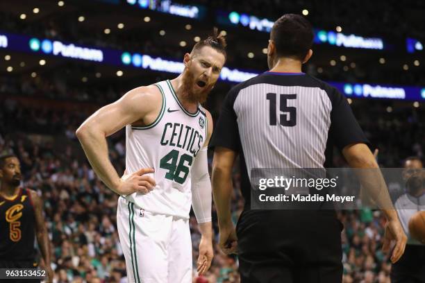 Aron Baynes of the Boston Celtics reacts to a call in the first half against the Cleveland Cavaliers during Game Seven of the 2018 NBA Eastern...