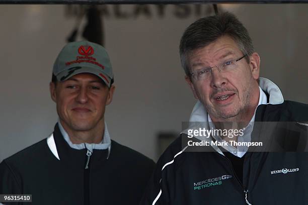 Mercedes GP Team Principal Ross Brawn and Michael Schumacher of Germany and Mercedes GP attend the roll out of the new Mercedes W01 at the Ricardo...