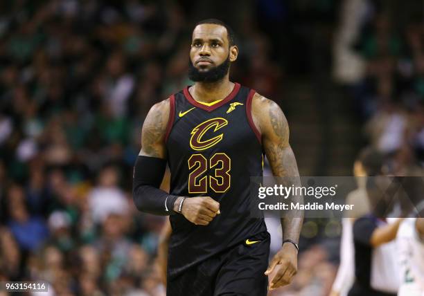 LeBron James of the Cleveland Cavaliers reacts in the second half against the Boston Celtics during Game Seven of the 2018 NBA Eastern Conference...