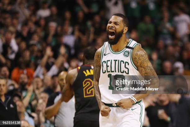 Marcus Morris of the Boston Celtics reacts in the second half against the Cleveland Cavaliers during Game Seven of the 2018 NBA Eastern Conference...