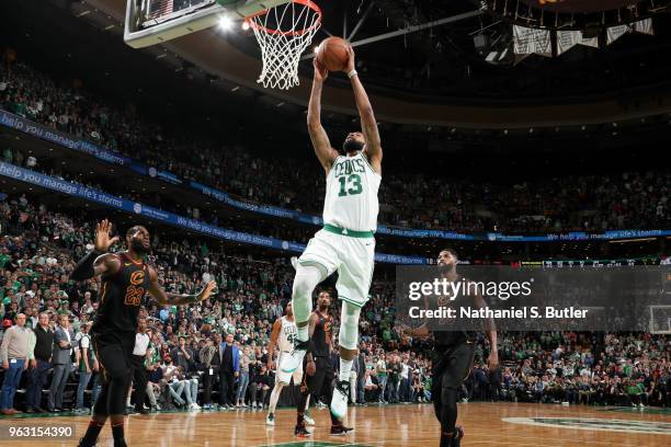 Marcus Morris of the Boston Celtics goes up for a dunk against the Cleveland Cavaliers during Game Seven of the Eastern Conference Finals of the 2018...