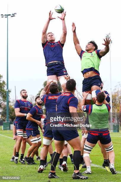 Matthew Philip of the Rebels receives the ball against Lopeti Timani during a Melbourne Rebels Super Rugby training session at Gosch's Paddock on May...
