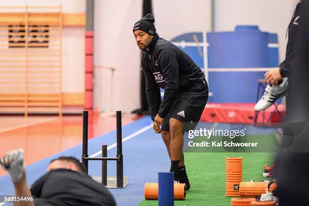 Richie Mo'unga looks on during a New Zealand All Blacks gym session at the Apollo Projects Centre high performance training facility on May 28, 2018...