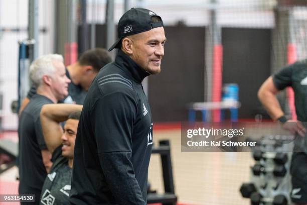 Sonny Bill Williams looks on during a New Zealand All Blacks gym session at the Apollo Projects Centre high performance training facility on May 28,...