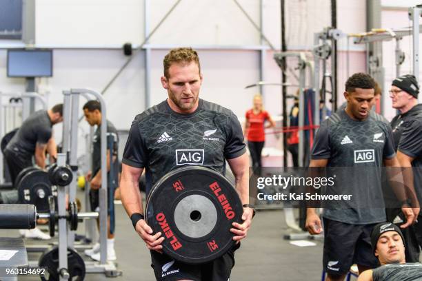 Kieran Read looks on during a New Zealand All Blacks gym session at the Apollo Projects Centre high performance training facility on May 28, 2018 in...