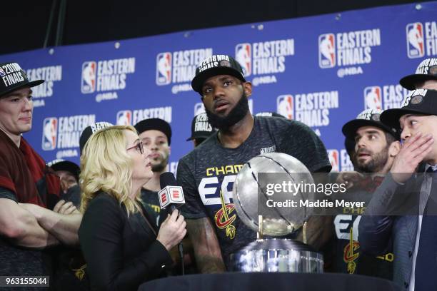 LeBron James of the Cleveland Cavaliers is interviewed by Doris Burke after defeating the Boston Celtics 87-79 in Game Seven of the 2018 NBA Eastern...