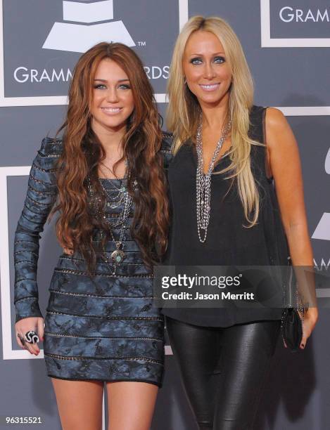 Miley Cyrus and her mother Tish Cyrus arrives at the 52nd Annual GRAMMY Awards held at Staples Center on January 31, 2010 in Los Angeles, California.