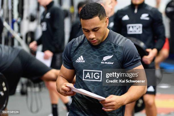 Ngani Laumape looks on during a New Zealand All Blacks gym session at the Apollo Projects Centre high performance training facility on May 28, 2018...