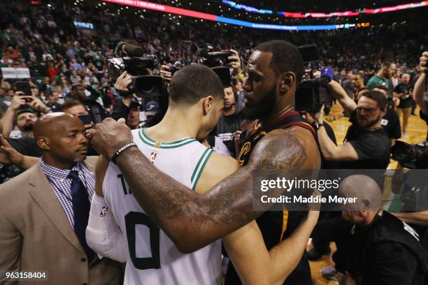 LeBron James of the Cleveland Cavaliers talks with Jayson Tatum of the Boston Celtics after the Cleveland Cavaliers defeated the Boston Celtics 87-79...