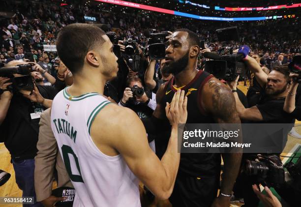 LeBron James of the Cleveland Cavaliers talks with Jayson Tatum of the Boston Celtics after the Cleveland Cavaliers defeated the Boston Celtics 87-79...