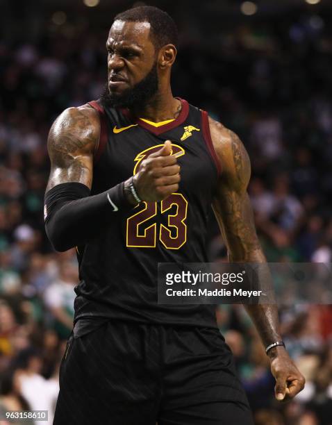 LeBron James of the Cleveland Cavaliers reacts during Game Seven of the 2018 NBA Eastern Conference Finals against the Boston Celtics at TD Garden on...