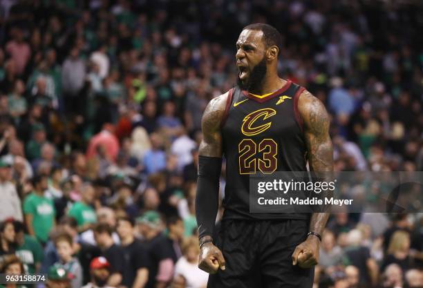 LeBron James of the Cleveland Cavaliers reacts in the second half against the Boston Celtics during Game Seven of the 2018 NBA Eastern Conference...