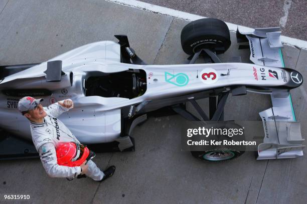 Michael Schumacher of Germany and Mercedes attends the roll out of the new Mercedes W01 at the Ricardo Tormo Circuit on February 1, 2010 in Valencia,...