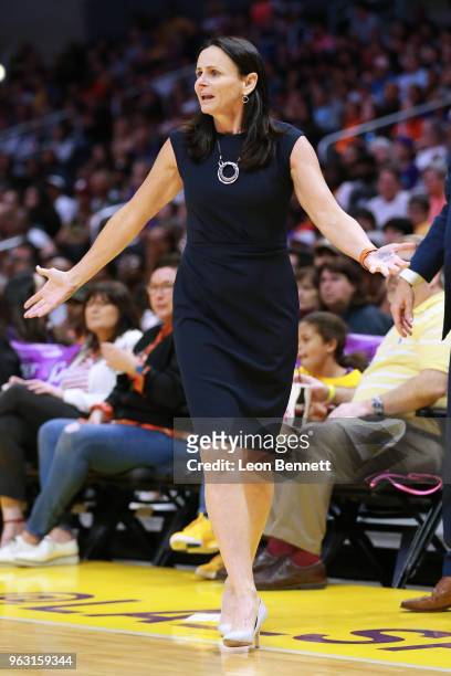 Head coach Sandy Brondello of the Phoenix Mercury looks on against the Los Angeles Sparks during a WNBA basketball game at Staples Center on May 27,...