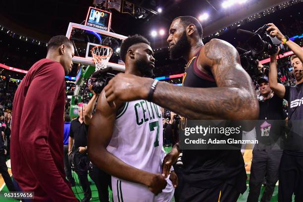 LeBron James of the Cleveland Cavaliers talks with Jaylen Brown of the Boston Celtics after the Cleveland Cavaliers defeated the Boston Celtics 87-79...