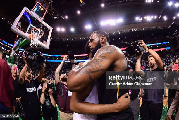 LeBron James of the Cleveland Cavaliers talks with Jaylen Brown of the Boston Celtics after the Cleveland Cavaliers defeated the Boston Celtics 87-79...