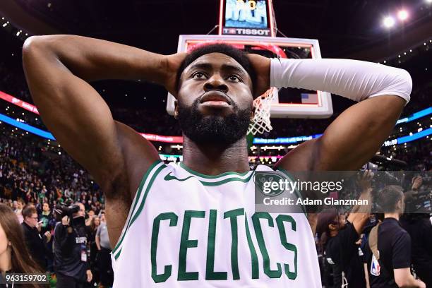 Jaylen Brown of the Boston Celtics reacts after being defeated by the Cleveland Cavaliers 87-79 in Game Seven of the 2018 NBA Eastern Conference...
