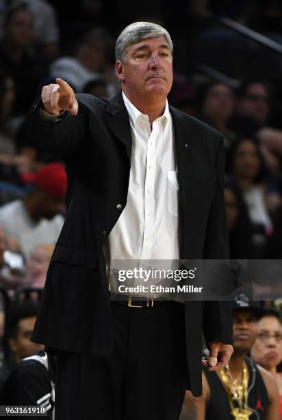 Head coach Bill Laimbeer of the Las Vegas Aces gestures during the Aces' inaugural regular-season home opener against the Seattle Storm at the...