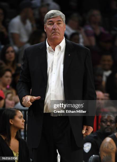 Head coach Bill Laimbeer of the Las Vegas Aces gestures during the Aces' inaugural regular-season home opener against the Seattle Storm at the...