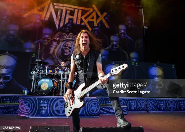 Fran Bello of Anthrax performs at Michigan Lottery Amphitheatre on May 27, 2018 in Sterling Heights, Michigan.
