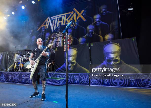 Scott Ian of Anthrax performs at Michigan Lottery Amphitheatre on May 27, 2018 in Sterling Heights, Michigan.