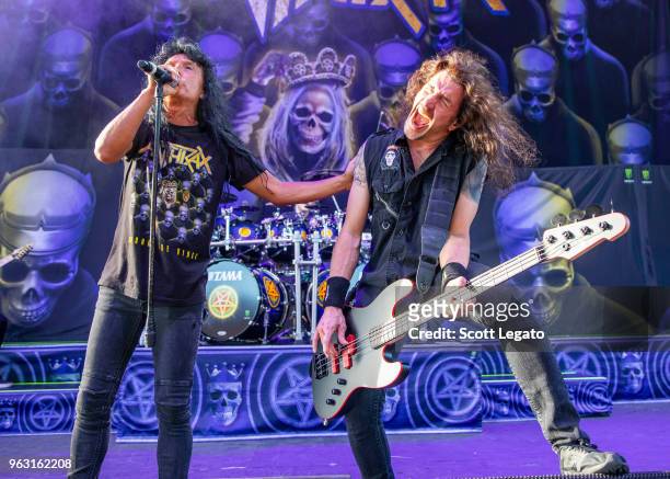 Joey Belladonna and Fran Bello of Anthrax performs at Michigan Lottery Amphitheatre on May 27, 2018 in Sterling Heights, Michigan.