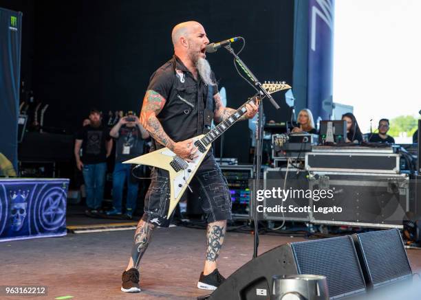 Scott Ian of Anthrax performs at Michigan Lottery Amphitheatre on May 27, 2018 in Sterling Heights, Michigan.