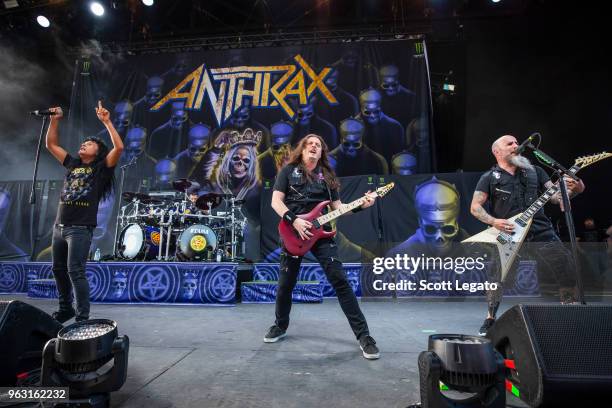 Joey Belladonna, Charlie Benante, Jonathan Donais and Scott Ian of Anthrax perform at Michigan Lottery Amphitheatre on May 27, 2018 in Sterling...