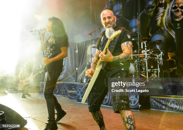 Joey Belladonna and Scott Ian of Anthrax perform at Michigan Lottery Amphitheatre on May 27, 2018 in Sterling Heights, Michigan.