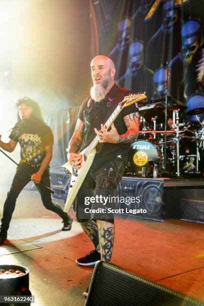 Joey Belladonna and Scott Ian of Anthrax perform at Michigan Lottery Amphitheatre on May 27, 2018 in Sterling Heights, Michigan.