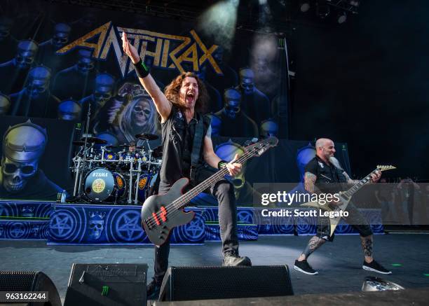 Frank Bello and Scott Ian of Anthrax performs at Michigan Lottery Amphitheatre on May 27, 2018 in Sterling Heights, Michigan.